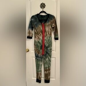 Current Mood Swirl Tie Dye Red Stripe Front Zip Jogger Jumpsuit Size Large